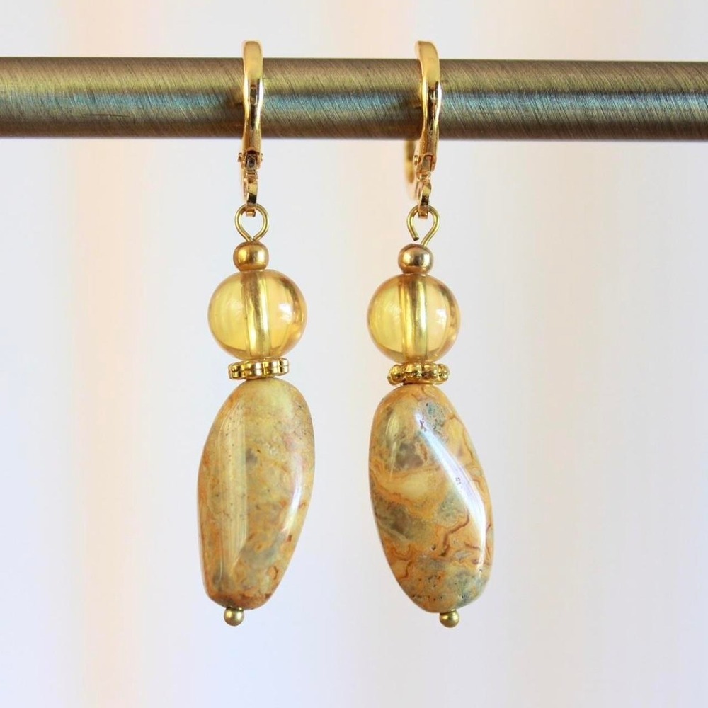 Handmade Jasper & Yellow Glass Bead Dangle Leverback Drop‎ Earrings Desert Boho